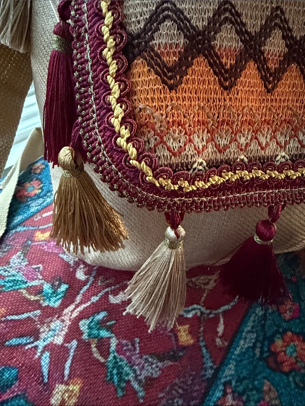 AuthenticTribe Gorgeous Ethnic Tassel mini BackPack in rich Burgundy Orange Tan